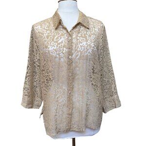 Sheer Burnout Beige Floral Button Up Shirt 3/4 Sleeves Size L By Outfit JPR‎